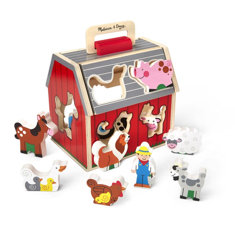 Melissa & Doug - Wooden Take-Along Sorting Barn Toy with Flip-Up Roof and Handle - 10 Wooden Farm Play Pieces - English Edition