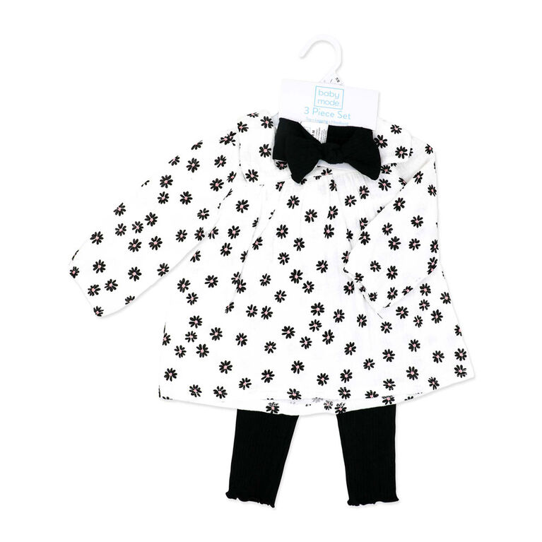 Baby Mode Ensemble haut et legging en gaze 3 pi&egrave;ces : motif floral noir, 0-3 mois