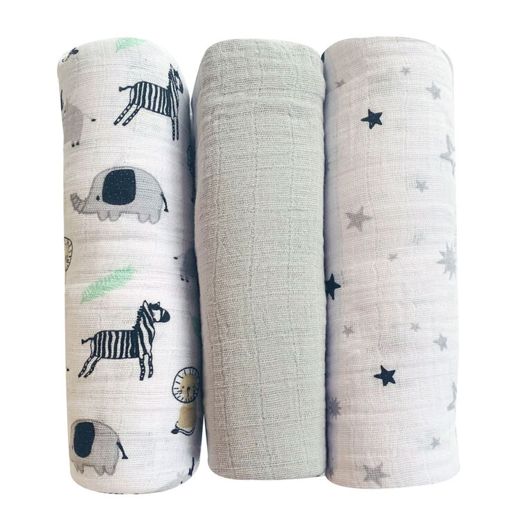 Koala Baby - 3 Pk Muslin Swaddle - Grey Safari