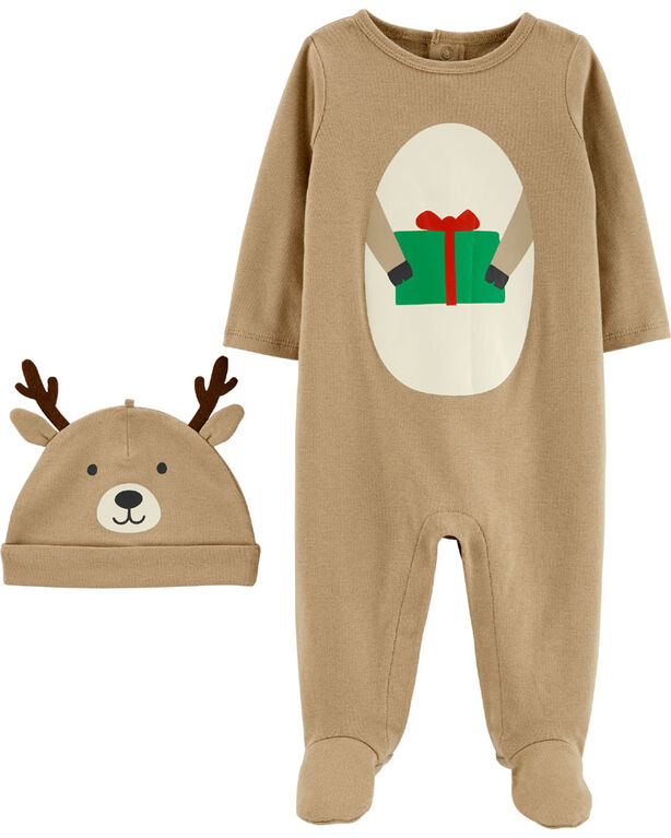 Ensemble 2 pi&egrave;ces salopette et bonnet Renne Carter's - brun, 9 mois