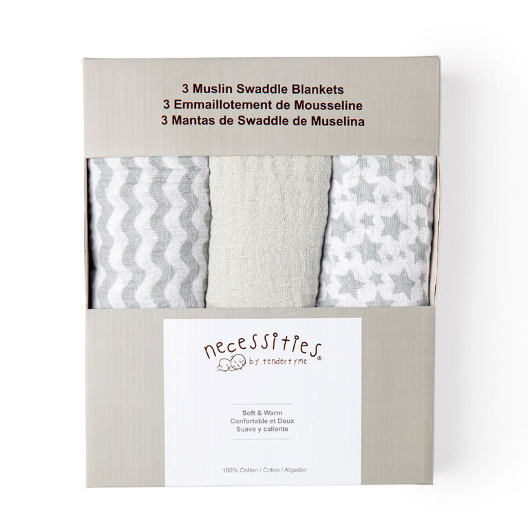 Grey Star/Wave Muslin Blanket -Set Of 3