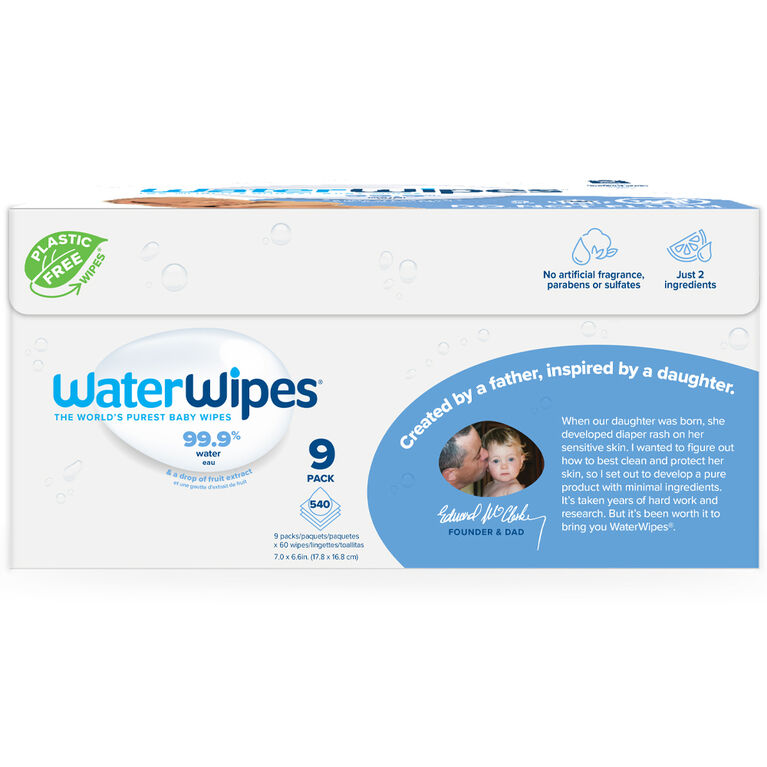 WaterWipes Plastic-Free Original Baby Wipes, 99.9% Water Based Wipes, Unscented, Fragrance-Free & Hypoallergenic for Sensitive Skin, 540 Count (9 packs), Packaging May Vary