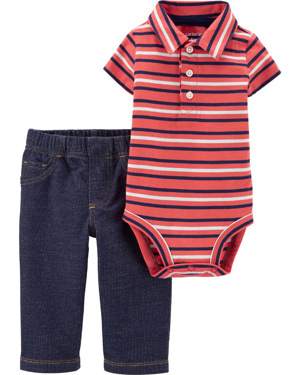 Carter's 2-Piece Striped Polo Bodysuit Pant Set - Coral/Blue, 18 Months