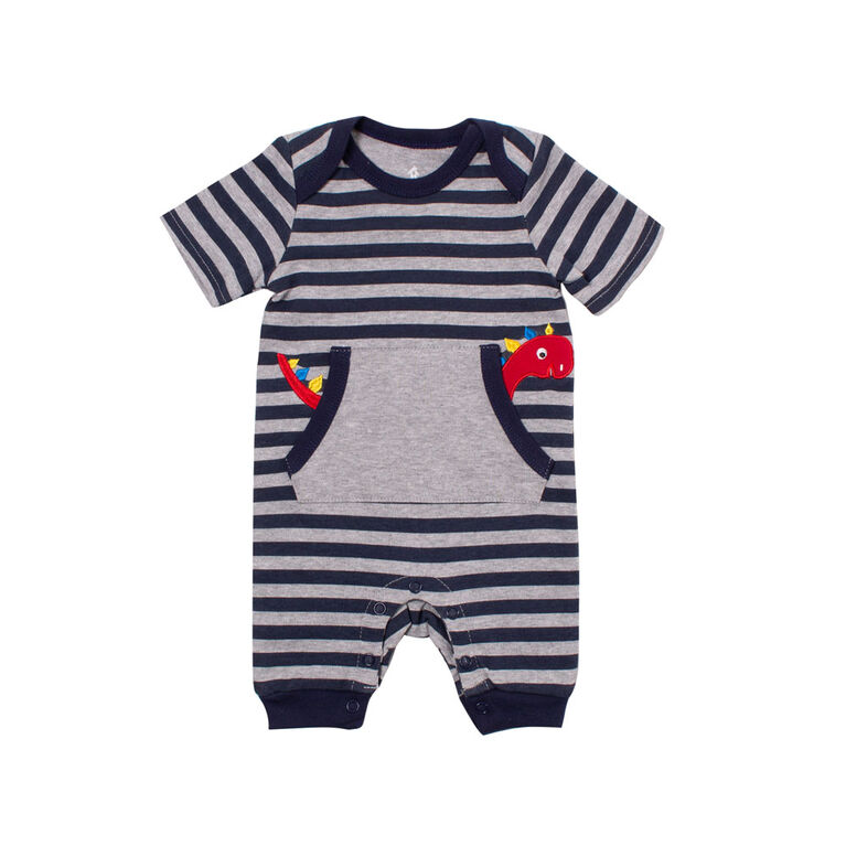 Snugabye Boys-Long Romper with Pockets-Blue/Grey Stripes 6-9 Months
