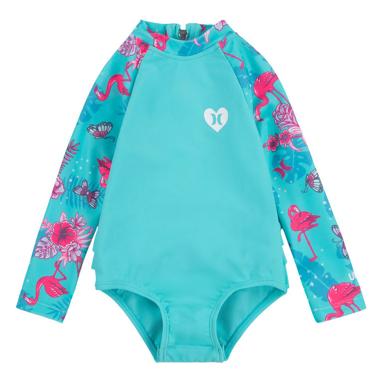 Hurley Ruffle Long Sleeve One-Piece Swimsuit - Aurora Green | Babies R ...