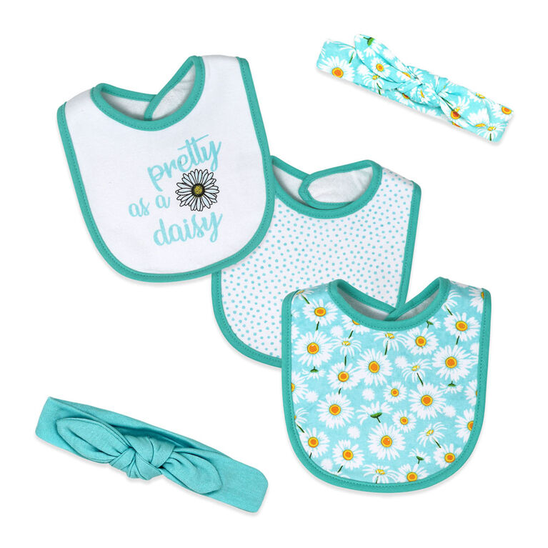 Necessities By Tendertyme  5 Piece Bib and Sock set :Aqua Daisy