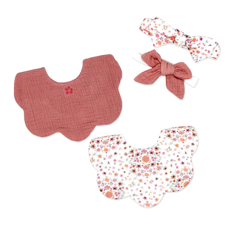 Baby Mode Signature 4 Piece Bib & Headbands: Pink Floral Bouquet Baby Mode Signature 4 Piece Bib & Headbands: Pink Floral Bouquet