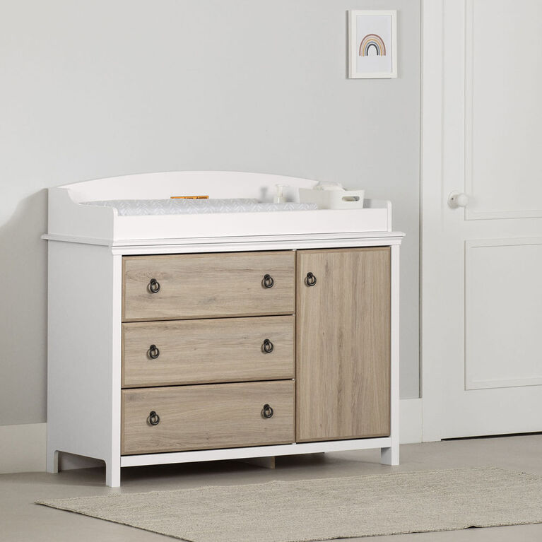 South Shore, Changing table with removable rim, drawers, and open storage - Pure White and Rustic Oak