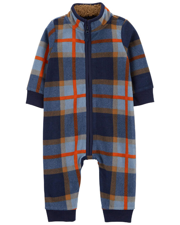 Carter's Plaid Zip Up Fleece Jumpsuit Navy  6M