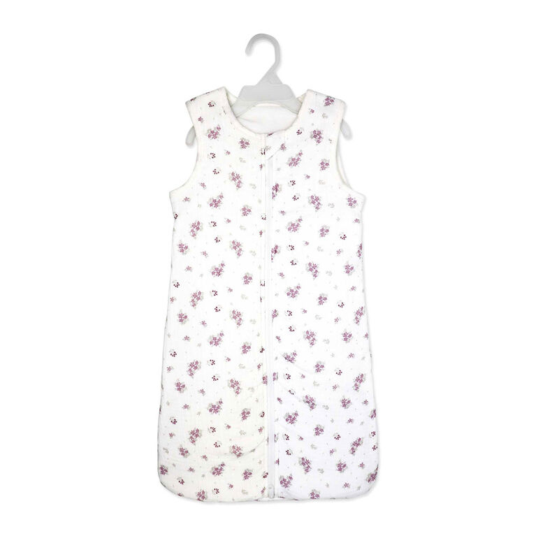Baby Mode Signature Gigoteuse 2 couches en mousseline/vison : motif floral mauve, 0-6 mois