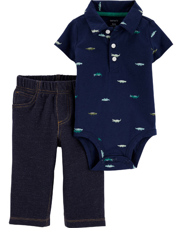 Ensemble 2 pièces cache-couche à alligator et pantalon Carter's – marine, 9 mois