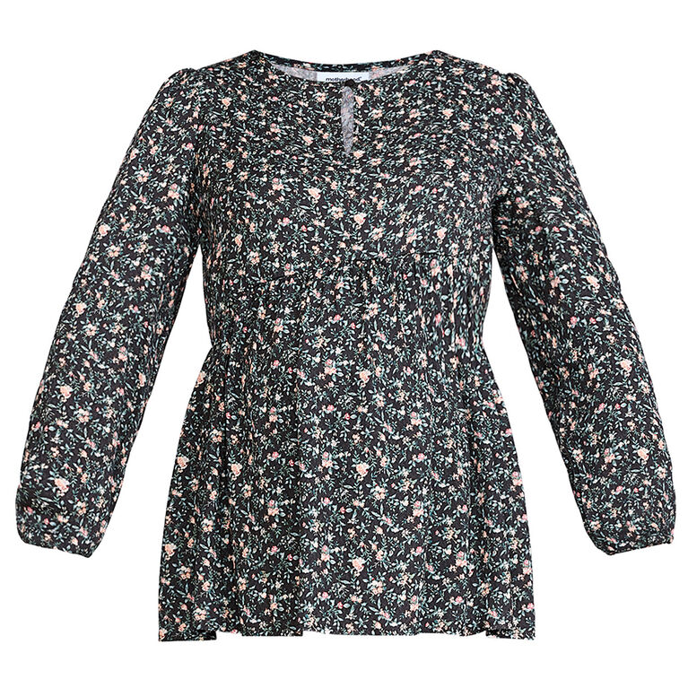 Motherhood - Long Sleeve Keyhole Blouse - Black print - S