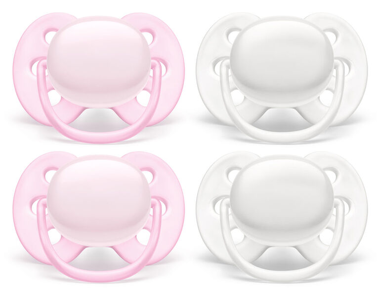 Philips Avent Ultra Soft Pacifier 0-6 months, Arctic White / Pink, 4 pack