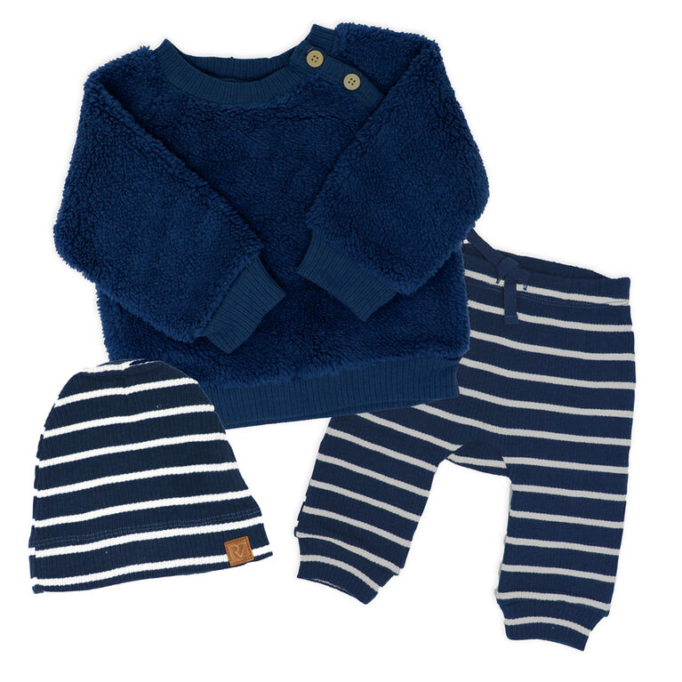 Baby Mode Ensemble Sherpa 3 pi&egrave;ces : rayures bleu marine, 3-6 mois