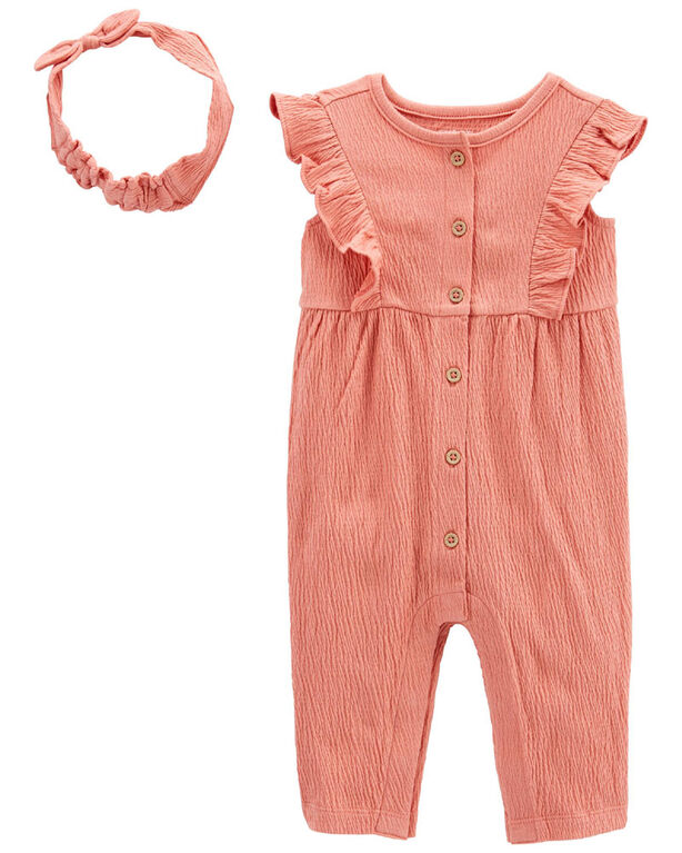 Carter's Two Piece Crinkle Jersey Jumpsuit And Headwrap Set Pink  12M