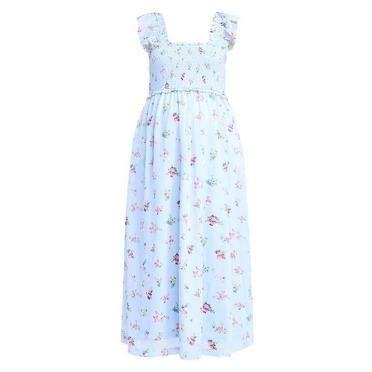 Motherhood Ruffle Sleeve Smocked Bodice Midi Dress