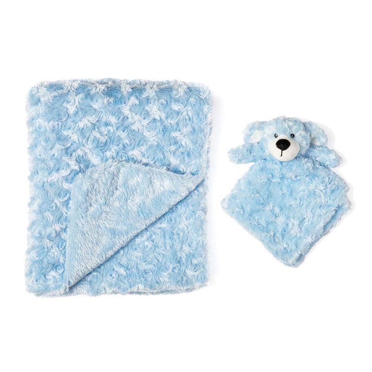 Blue Curly Plush Puppy Blanket Set