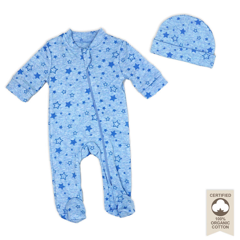 Freshly Made by Tendertyme Pyjama en coton bio chiné étoiles bleues avec bonnet - prématuré