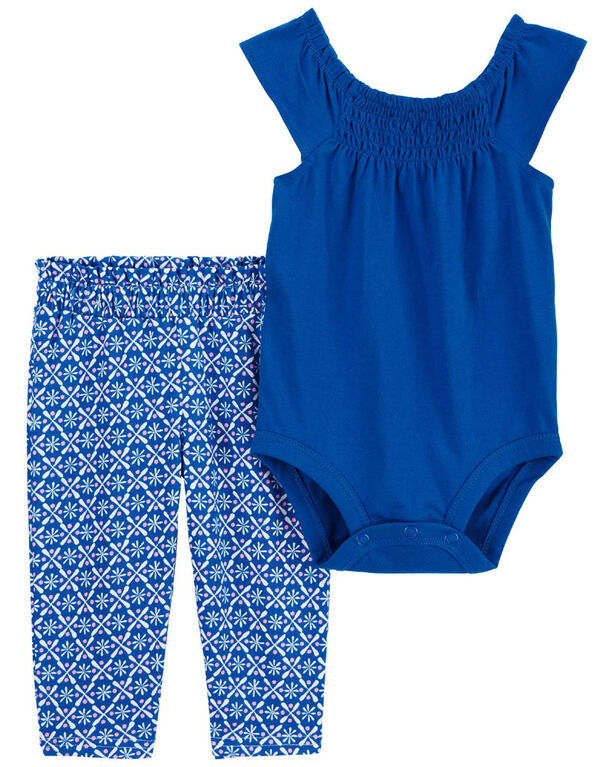 Carter's Two Piece Smocked Bodysuit Pant Set Blue 18M
