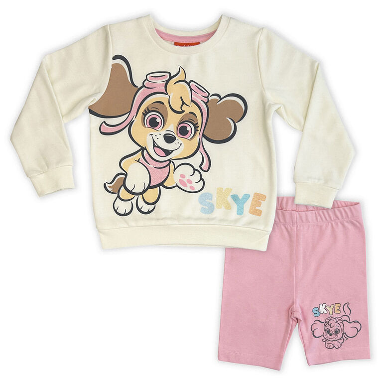 Paw Patrol 2 Piece Long Sleeve Crew & Short Set - Off White/Pink 2T