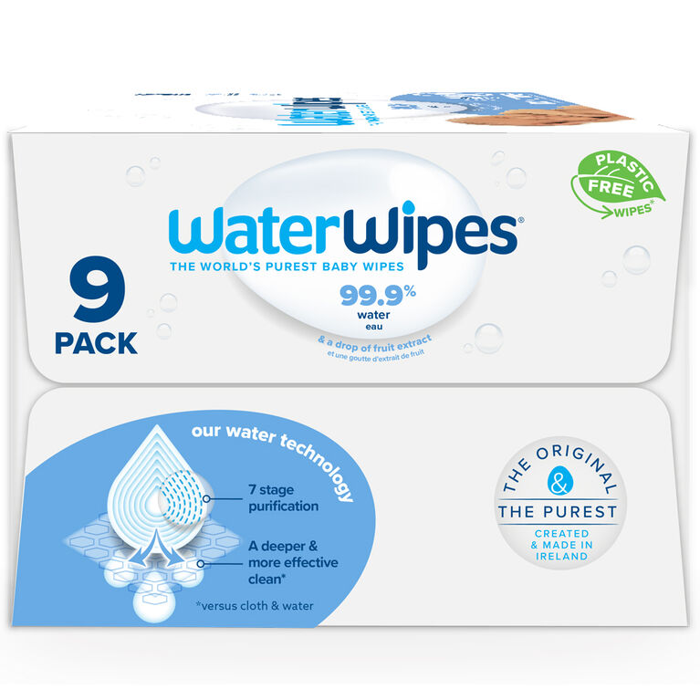 Lingettes pour bébés originales sans plastique WaterWipes, lingettes à base d’eau à 99,9 %, non parfumées, sans fragrance et hypoallergéniques pour les peaux sensibles, 540 unités (9 paquets), l’emballage peut varier