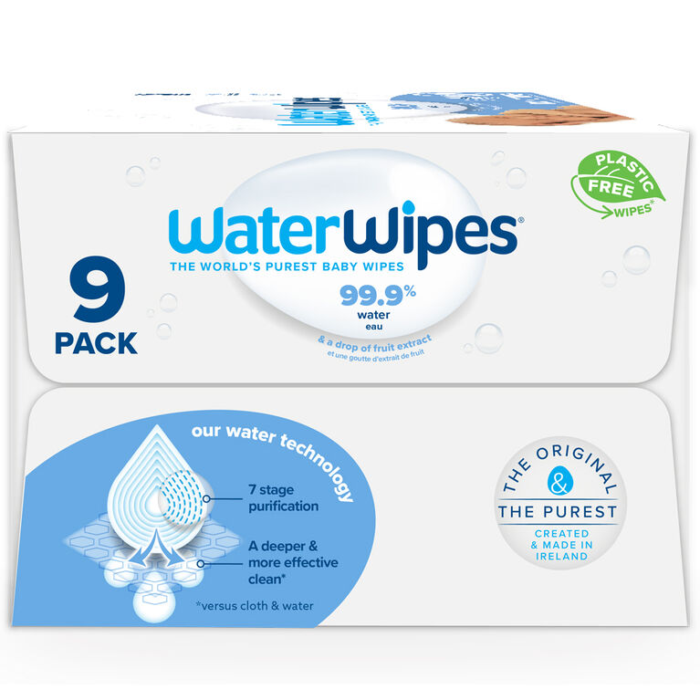 WaterWipes Plastic-Free Original Baby Wipes, 99.9% Water Based Wipes, Unscented, Fragrance-Free & Hypoallergenic for Sensitive Skin, 540 Count (9 packs), Packaging May Vary