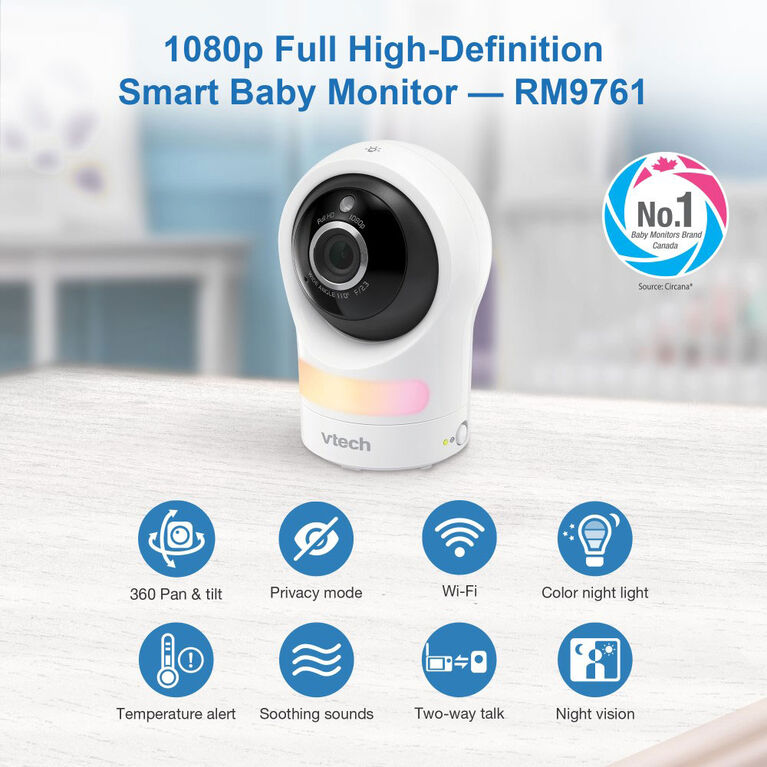 VTech RM9761 1080p WiFi Remote Access Video Baby Monitor with Night Light - White