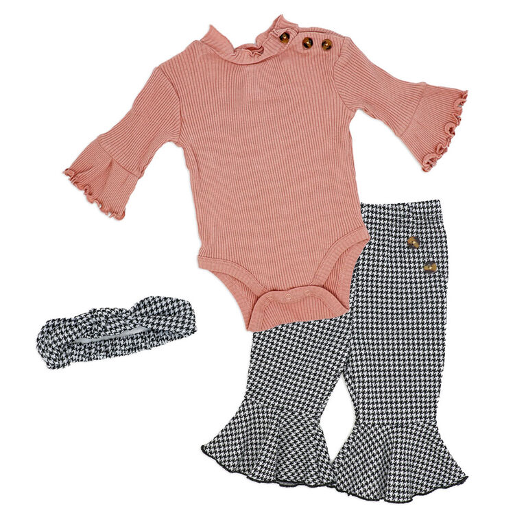 Baby Mode  3 Piece Ponte Pant Set: Pink Houndstooth