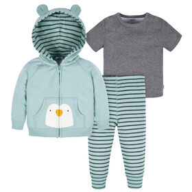 Gerber Childrenswear - 3 Piece Hoodie, Top + Pant Set - Penguin Newborn