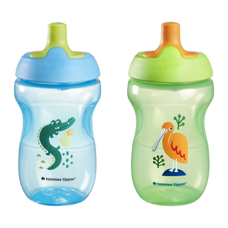 Tommee Tippee Sporty Spout Water Bottle, 10oz, Non-Spill Toddler Sippy Cups for 12 Months+ with Bite-Resistant Spout, Easy-Hold and BPA Free, Assorted Colors, 2 count