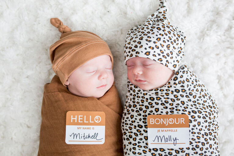 Lulujo Baby Hello World Newborn Bamboo Hat and Swaddle Blanket Set Tan