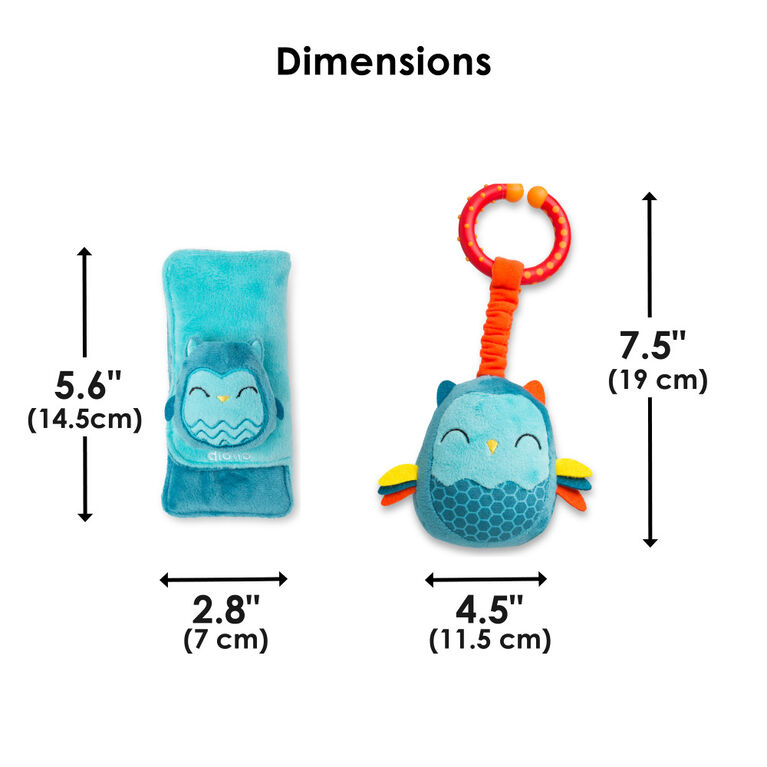 Diono Owl Character Car Seat Straps & Linkee Toy, Shoulder Pads for Baby, Infant, Toddler, 2 Pack Reversible Soft Seat Belt Cushion and Stroller Harness Covers Helps Prevent Strap irritation