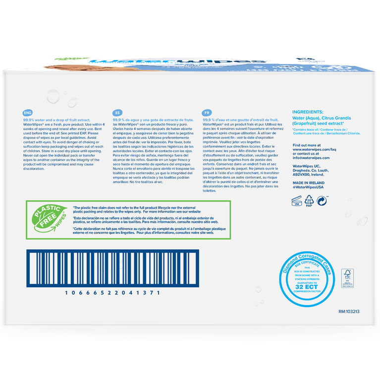 Lingettes pour bébés originales sans plastique WaterWipes, lingettes à base  d’eau à 99,9 %, non parfumées, sans fragrance et hypoallergéniques pour