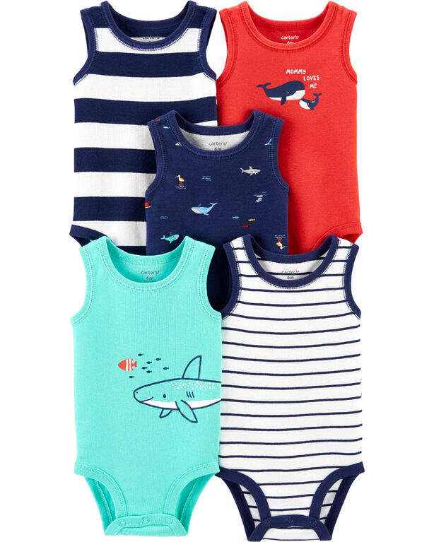 Carter's 5-Pack Whale Tank Bodysuits - Navy/Turquoise/Red, 12 Months