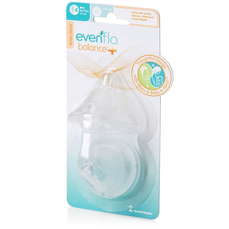 Evenflo Balance + Wide Neck BPA-Free Silicone Fast Flow/X-Cut Nipples 2-Pack - 8 Months+