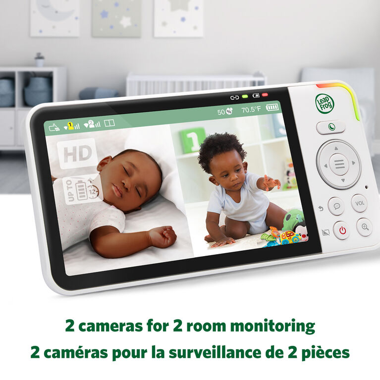 LeapFrog LF815-2HD Moniteur de bébé Wi-Fi 1080p à 2 caméras avec accès à distance, affichage 720p haute définition de 5 po, veilleuse, vision nocturne couleur (Blanc)