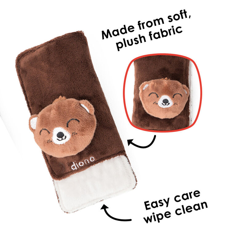 Diono Bear Character Car Seat Straps & Linkee Toy, Shoulder Pads for Baby, Infant, Toddler, 2 Pack Reversible Soft Seat Belt Cushion and Stroller Harness Covers Helps Prevent Strap irritation