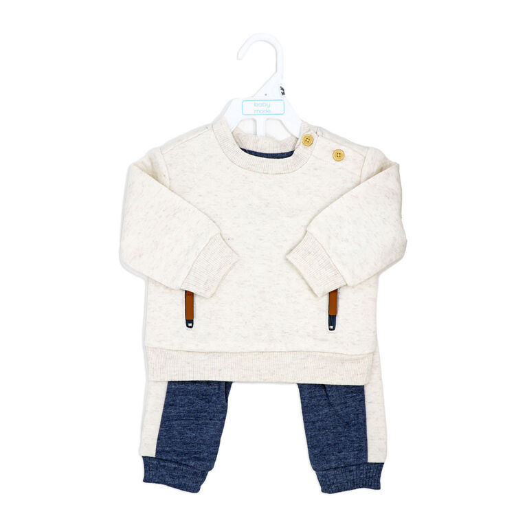 Baby Mode  2 Piece Quilted Jogger Set: Oatmeal Blue 3-6M