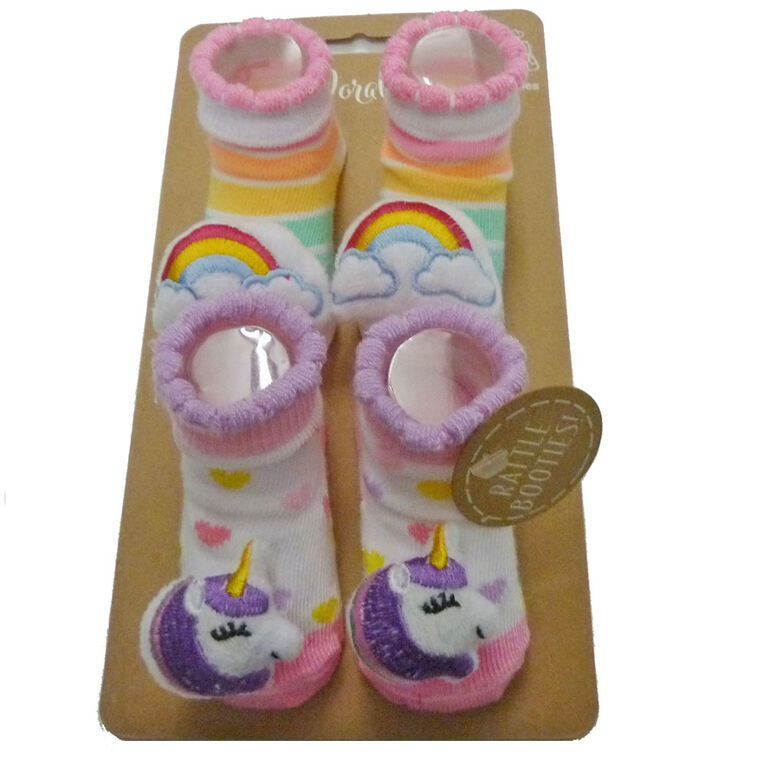 So Dorable 2 Pack Rattle Booties With 3D Icons - Unicorn / Rainbow 0-12M