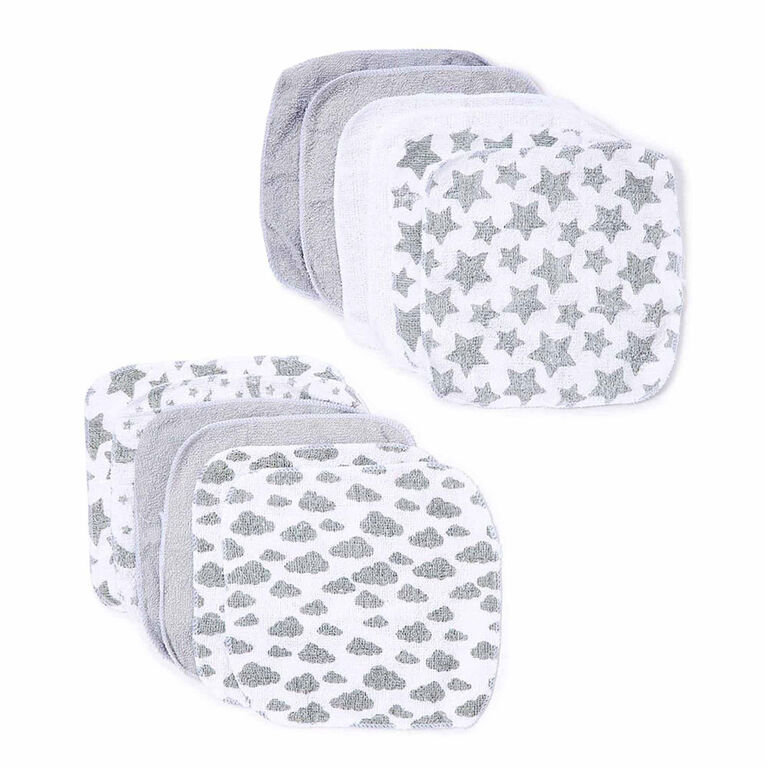 Jesse & Lulu Lot de 12 gants de toilette sur le thème du ciel : gris