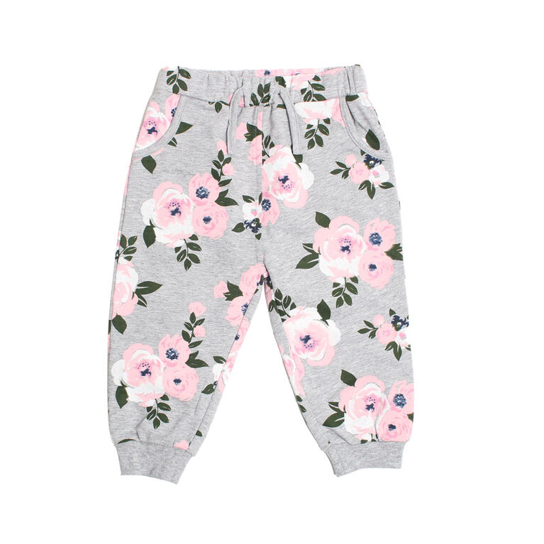 Koala Baby Girls Cotton French Terry Jogger Pants With Pocket and Drawstring Grey Floral Print 6-9M