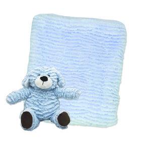 Peluche stri&eacute;e signature mode b&eacute;b&eacute; avec couverture : chien bleu