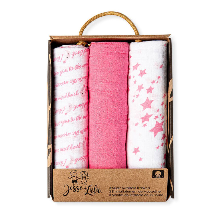 Jesse + Lulu Pink Galaxy Cotton Muslin Swaddle Blanket -Set Of 3