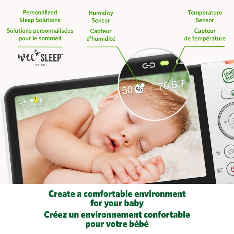 LeapFrog LF815-2HD Moniteur de bébé Wi-Fi 1080p à 2 caméras avec accès à distance, affichage 720p haute définition de 5 po, veilleuse, vision nocturne couleur (Blanc)