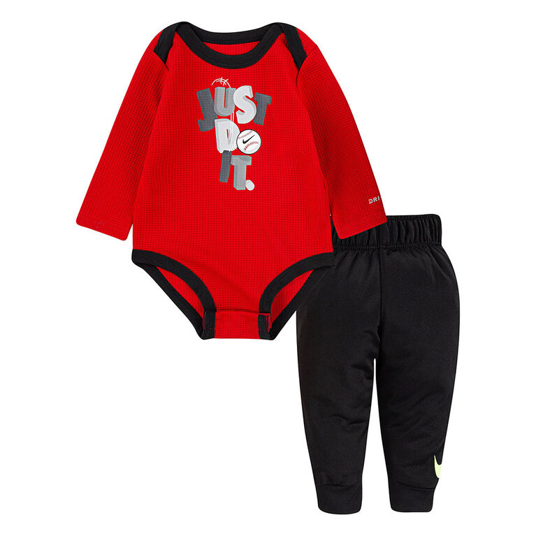 Nike LS Bodysuit Pant Set - Red/Black , Size 6 Months