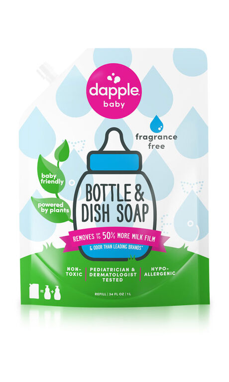 Dapple Bottle & Dish Soap, Fragrance Free, Refill Size, 34 fl.oz