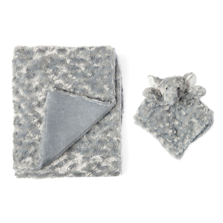 Grey Curly Plush Elephant Blanket Set