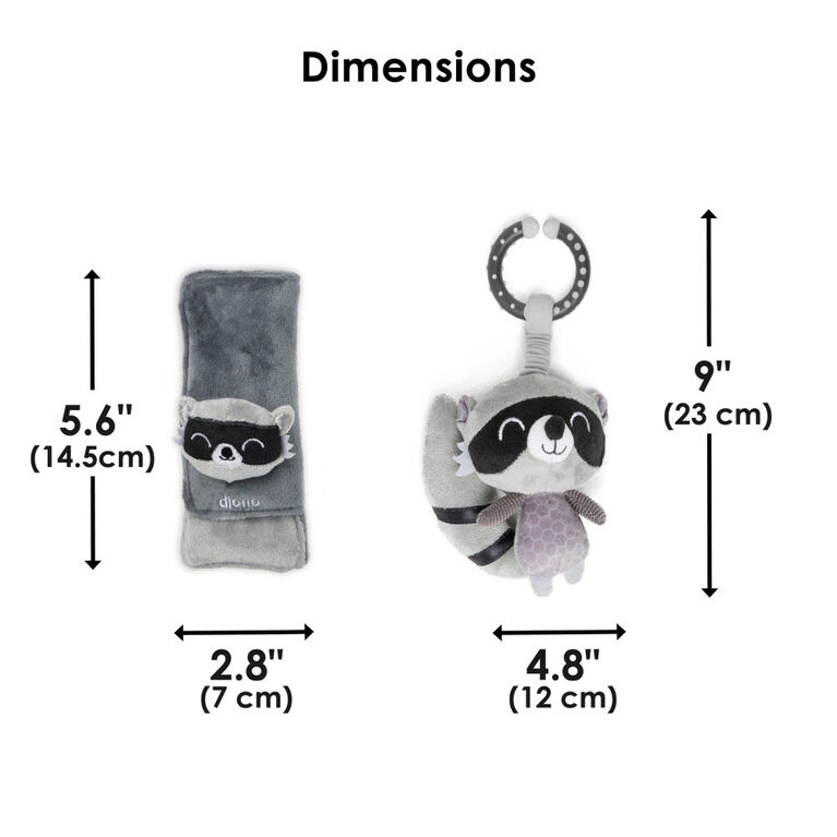 Diono Racoon Character Car Seat Straps & Linkee Toy, Shoulder Pads for Baby, Infant, Toddler, 2 Pack Reversible Soft Seat Belt Cushion and Stroller Harness Covers Helps Prevent Strap irritation