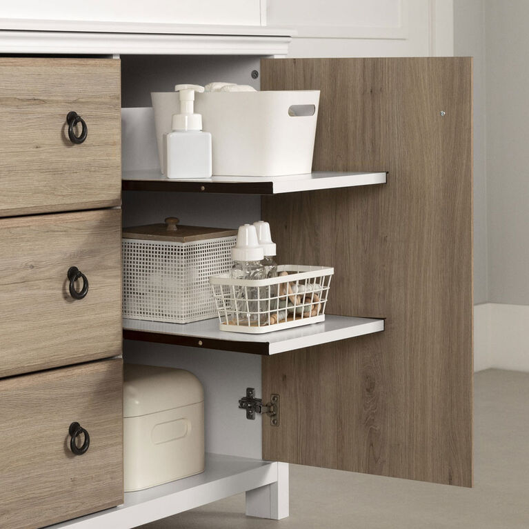South Shore, Changing table with removable rim, drawers, and open storage - Pure White and Rustic Oak