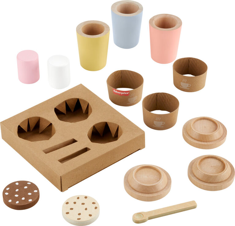 Coffret de jeu en bois Café pour emporter Fisher-Price, coffret de jeu préscolaire, 15 éléments en bois